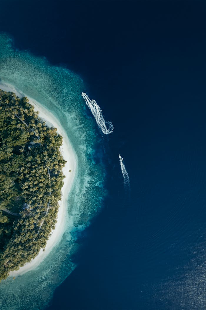 Stunning aerial shot of a tropical beach with boats in clear waters of Papua, Indonesia.